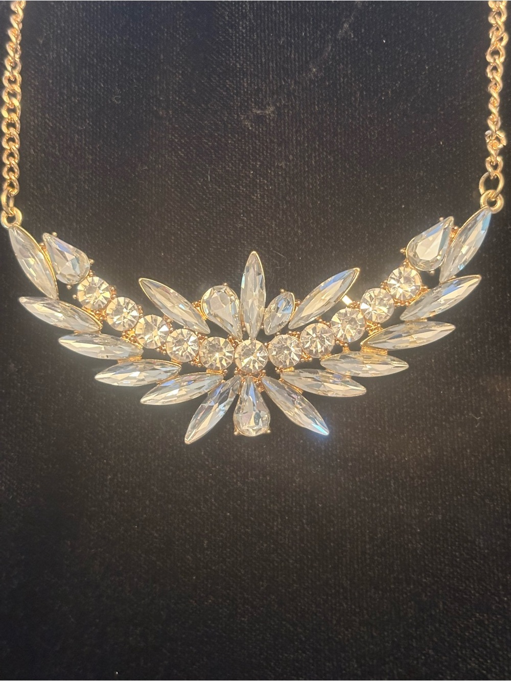 Gold Crystal Statement Necklace - Clear Crystal Floral Collar